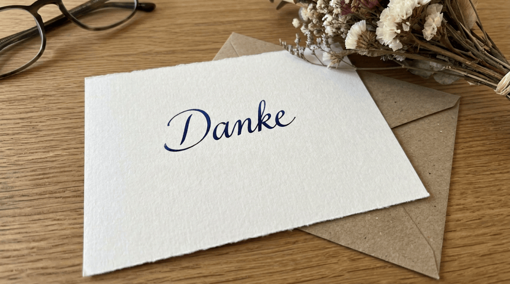 White card reading “Danke für alles, was du tust!” beside dried flowers and glasses
